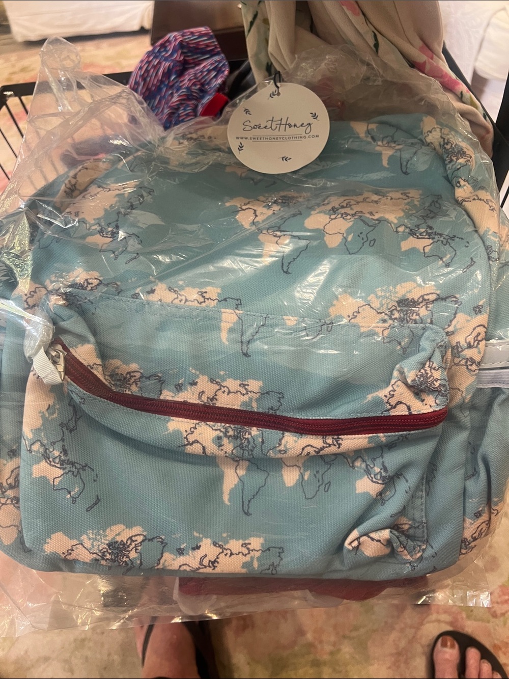 SweetHoney Teal World Map Canvas Backpack with Cream Map Accents